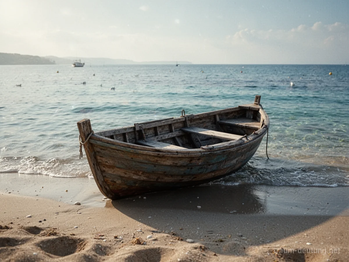 Ein leeres Holzboot liegt am Sandstrand nahe der ruhigen Meeresbrandung.