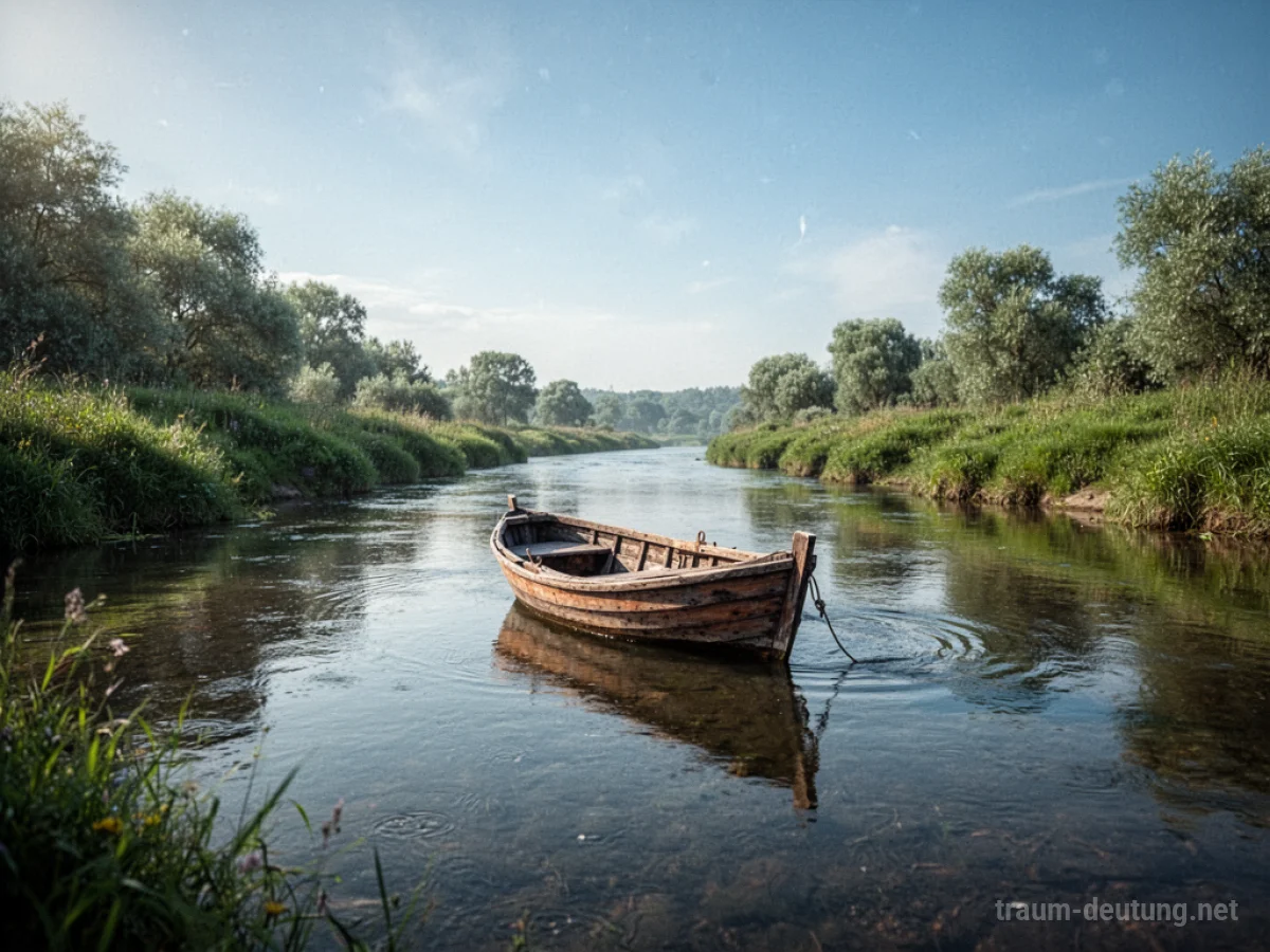 Ein kleines Boot treibt ruhig auf einem Fluss unter blauem Himmel.