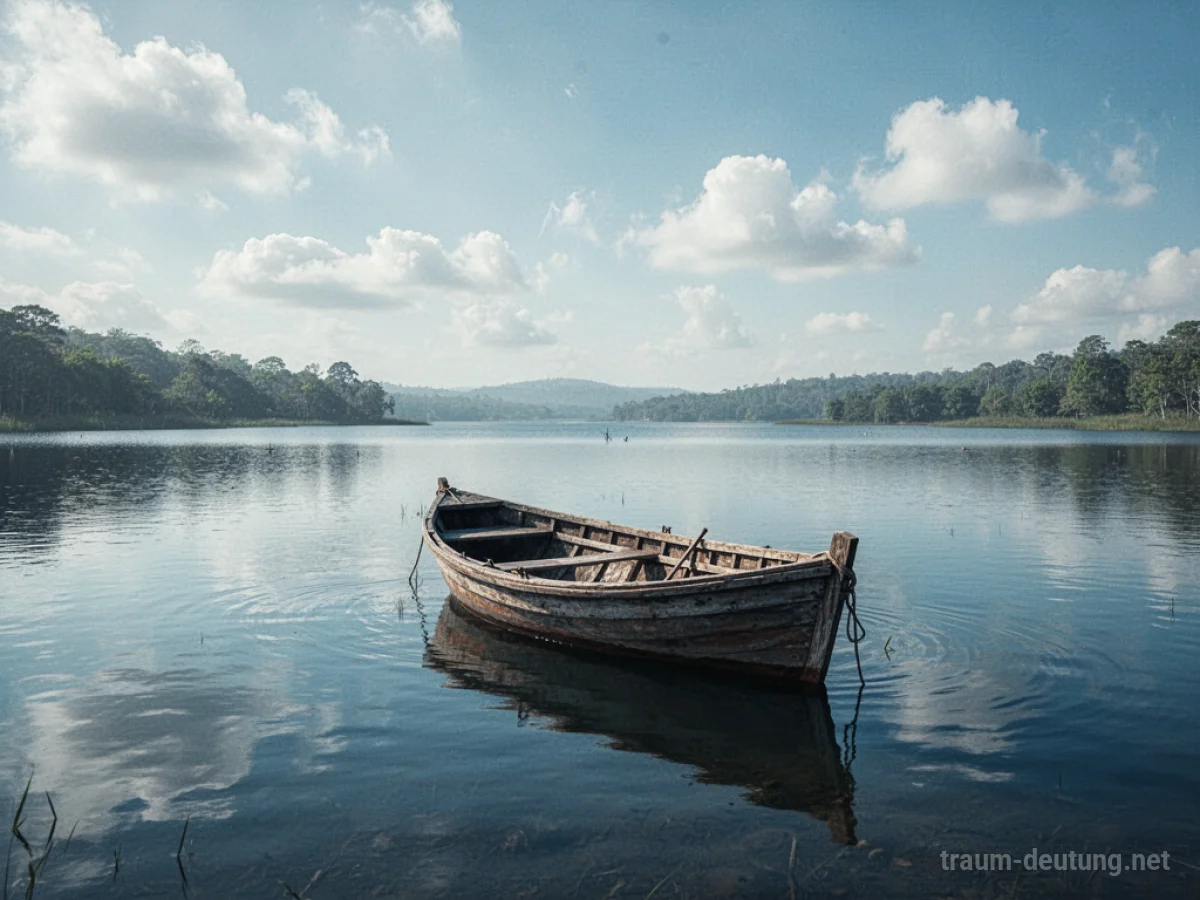 Ein Boot treibt ruhig auf einem stillen See unter klarem Himmel.