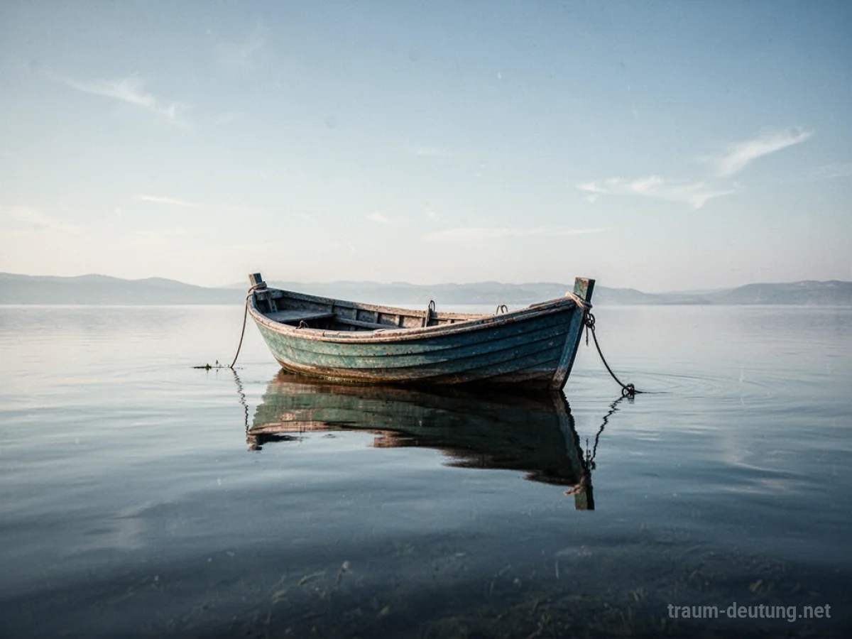 Ein kleines Boot auf spiegelglattem, ruhigem Wasser.