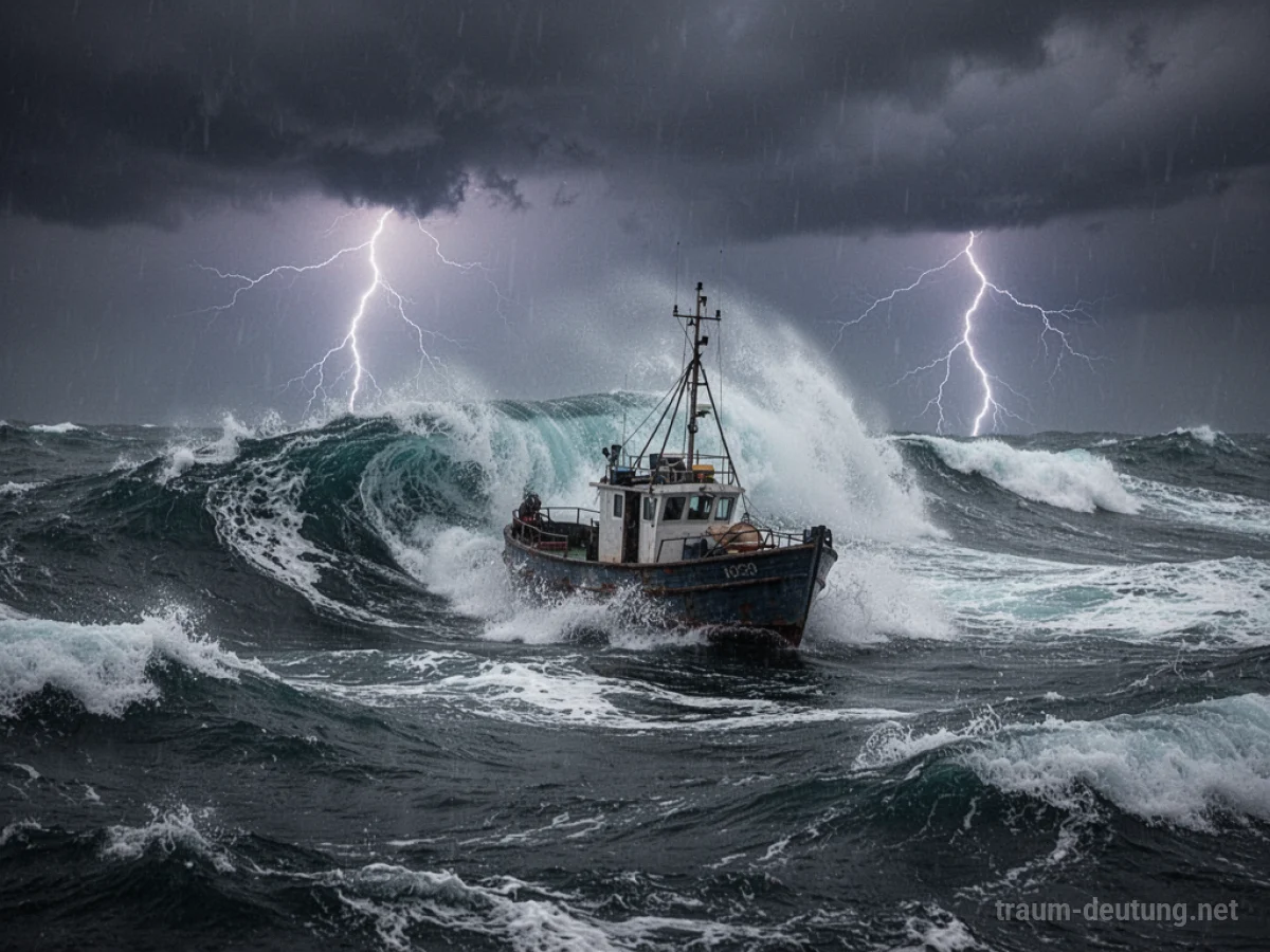 Ein kleines Boot kämpft gegen hohe Wellen auf einem stürmischen Meer.