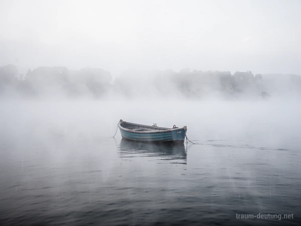 Ein kleines Boot verliert sich im dichten Nebel auf dem Wasser.