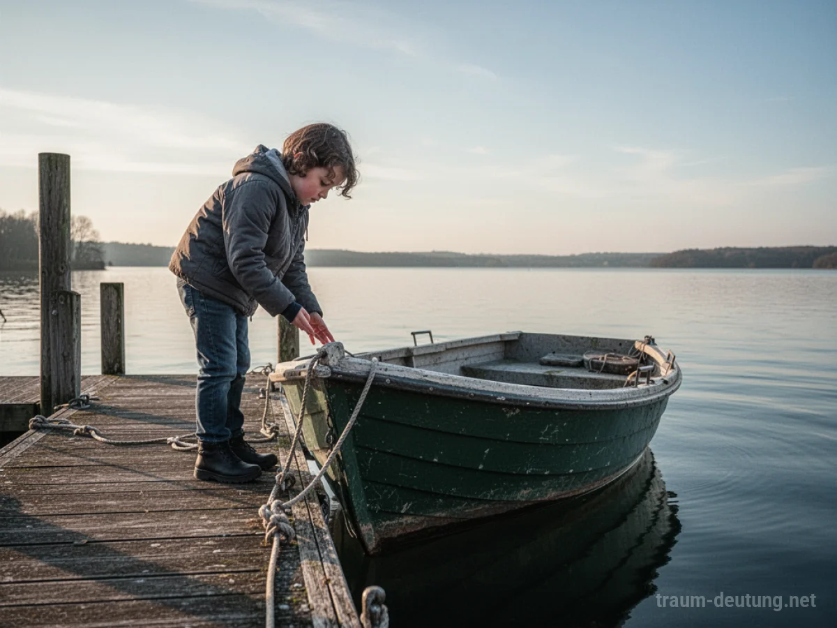 Eine Person betrachtet ein Boot an einem Steg, das zum Kauf angeboten wird.