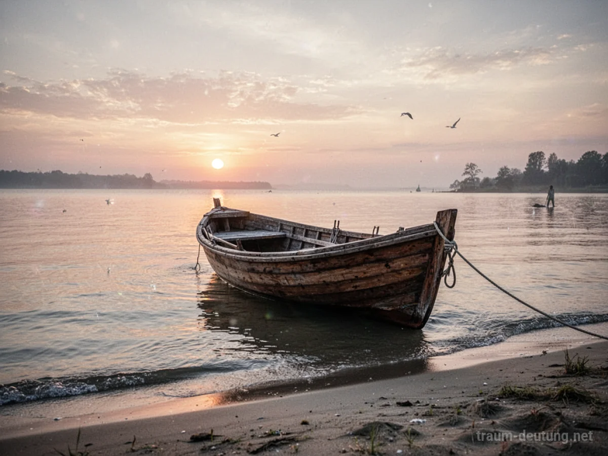 Ein Boot erreicht ruhig eine Küste bei Sonnenaufgang.