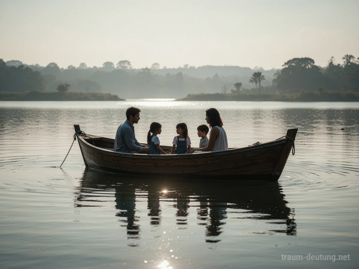 Ein Boot mit einer Familie darauf fährt auf ruhigem Wasser.