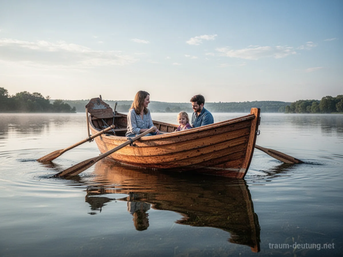 Ein Ruderboot auf ruhigem Wasser unter blauem Himmel.