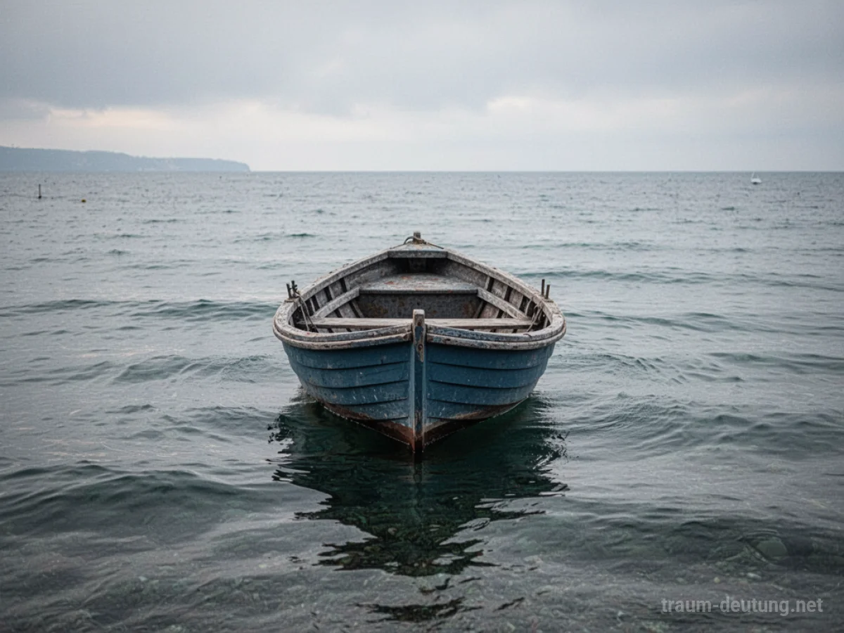 Ein leeres Ruderboot treibt auf ruhigem Wasser ohne Motor.