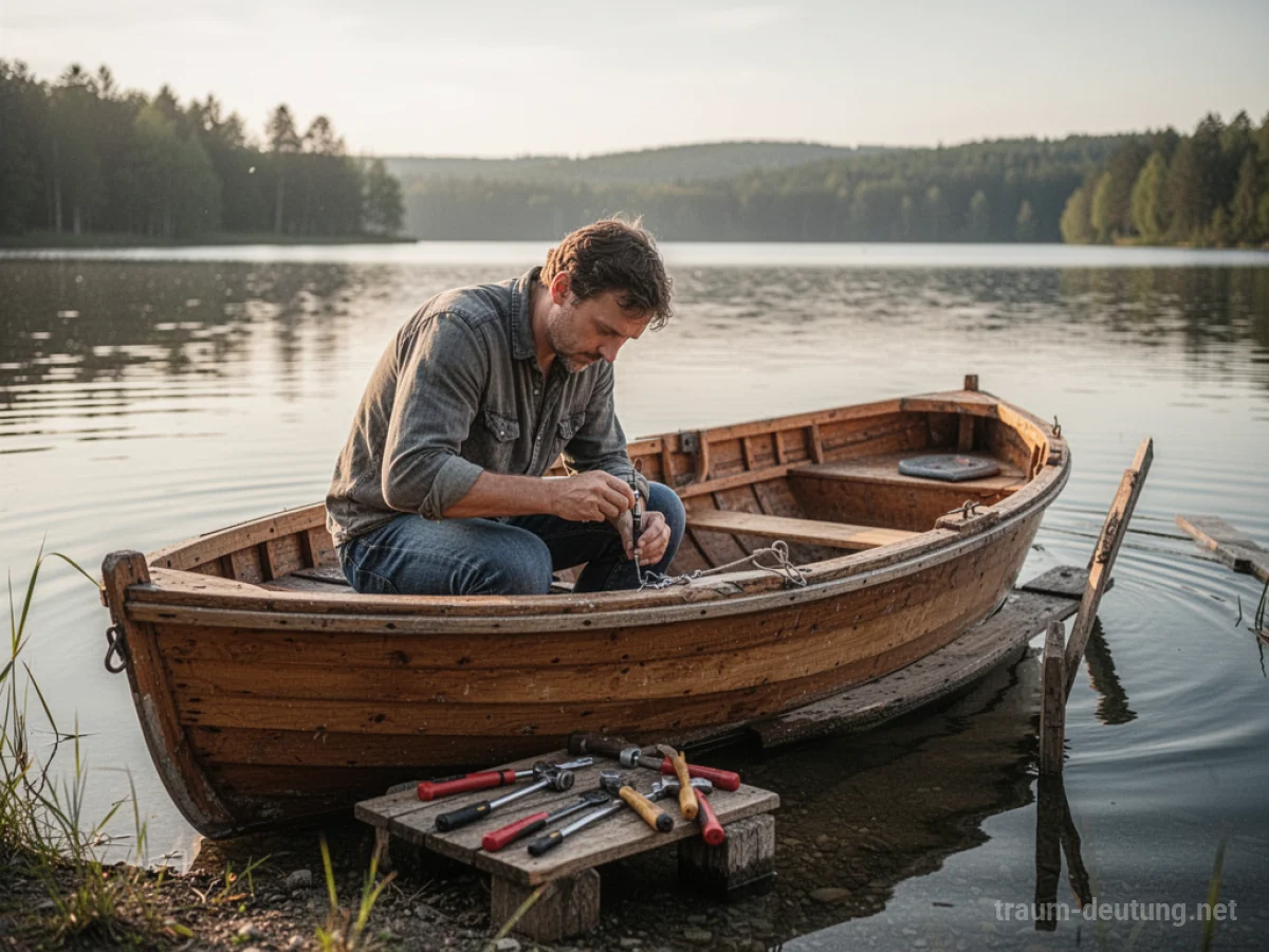 Ein Mann repariert ein kleines Holzboot auf einem ruhigen See.