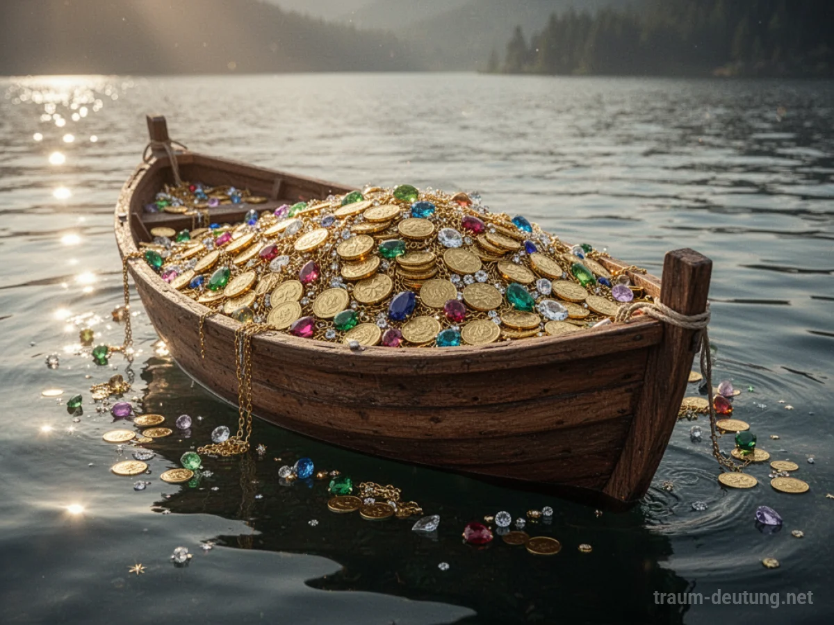 Ein hölzernes Boot, das mit glänzendem Gold und Juwelen überladen ist, schwimmt auf ruhigem Wasser.