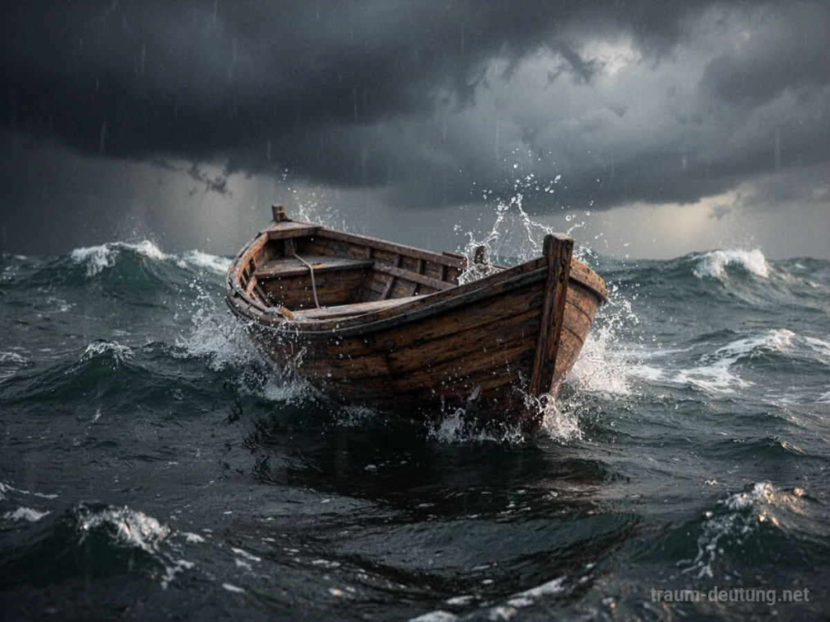 Ein kleines Boot wird von dunklen Wellen unter einem stürmischen Himmel überschwemmt.