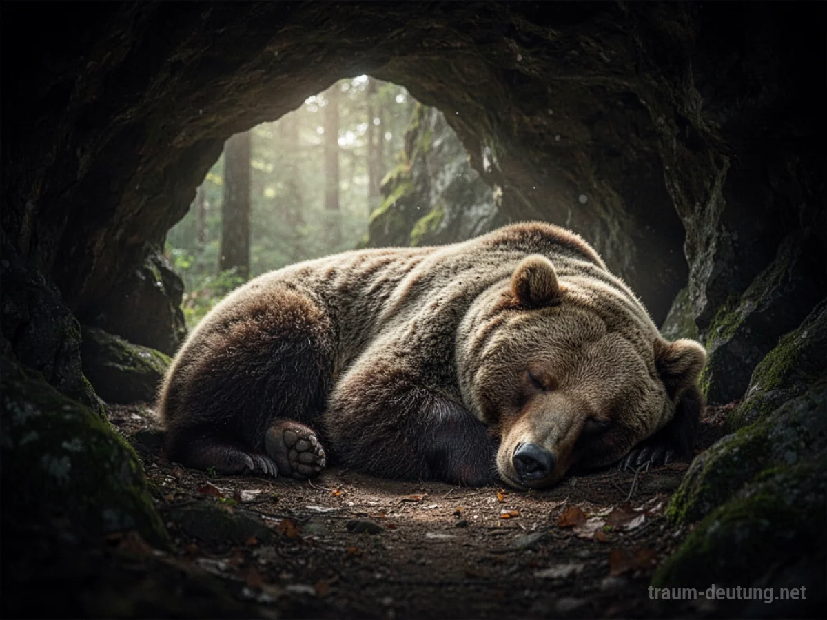 Ein Bär schläft friedlich in einer dunklen Höhle.