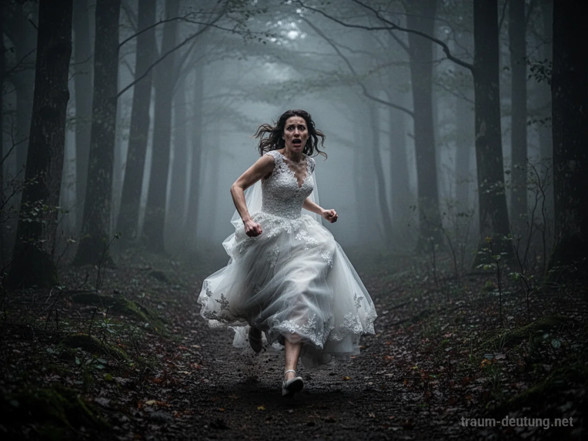 Eine Braut in ihrem Kleid rennt verzweifelt durch einen dunklen Wald.