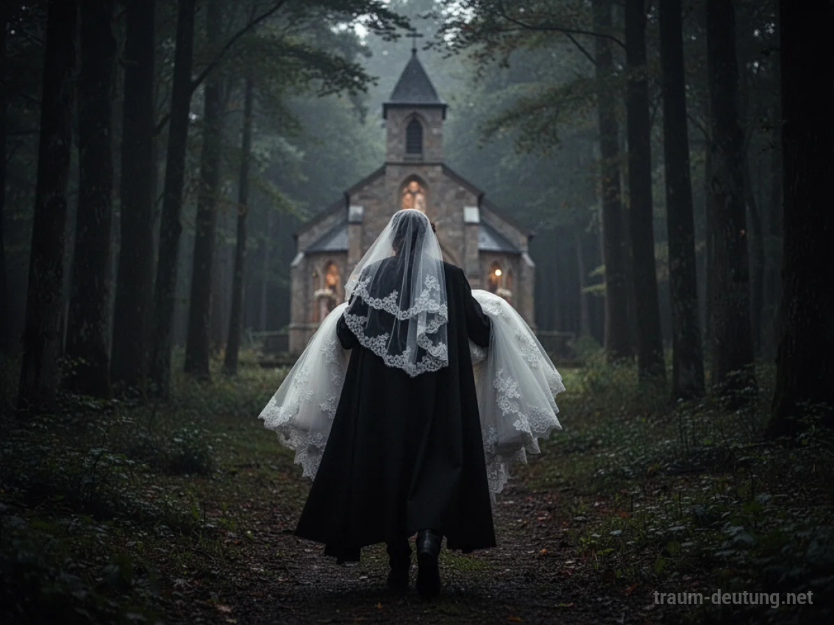 Eine dunkle Gestalt trägt eine verschleierte Braut davon in einen dunklen Wald.