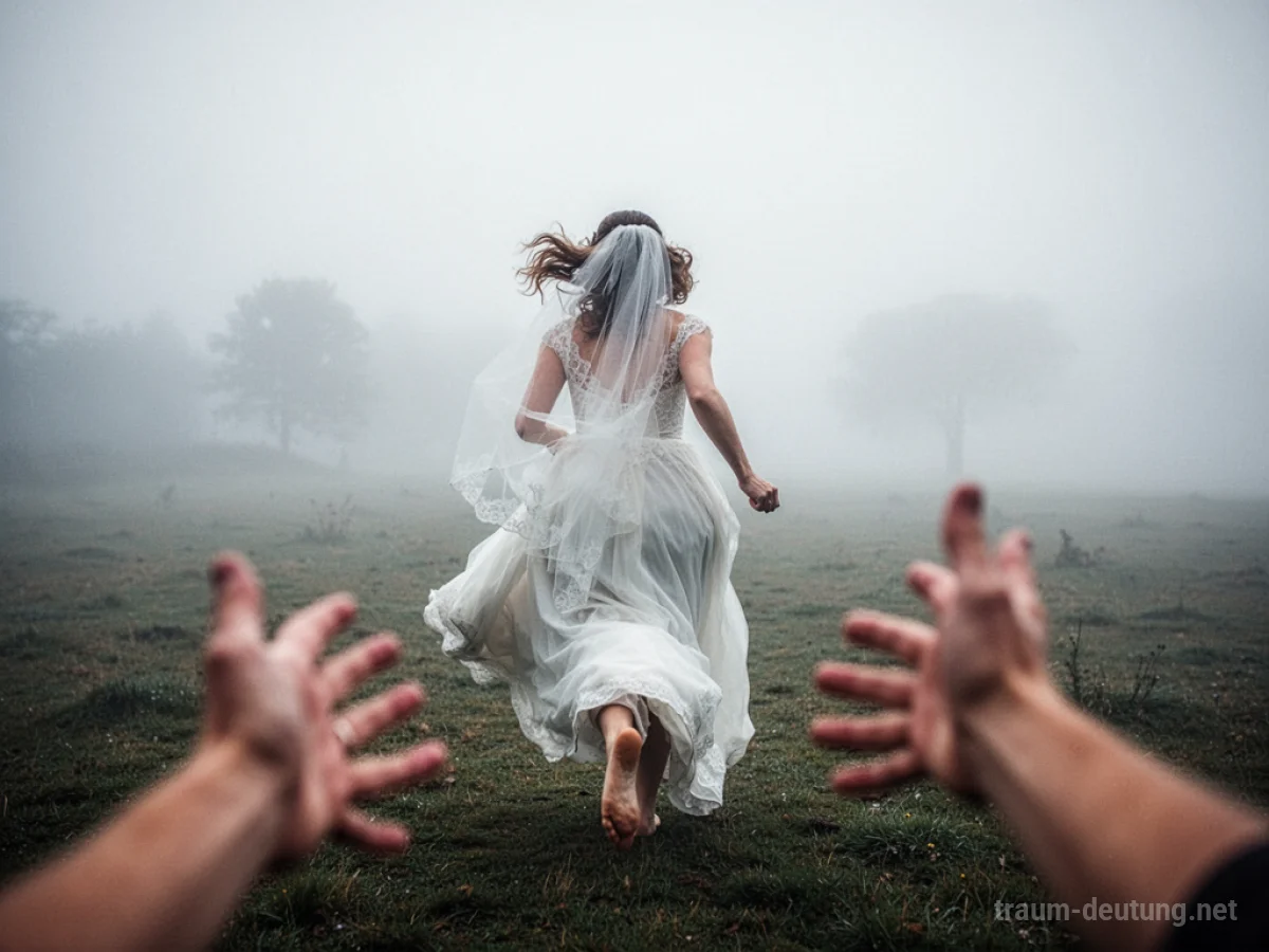 Eine Braut in weißem Kleid flieht vor einer Person in einer nebligen Landschaft.