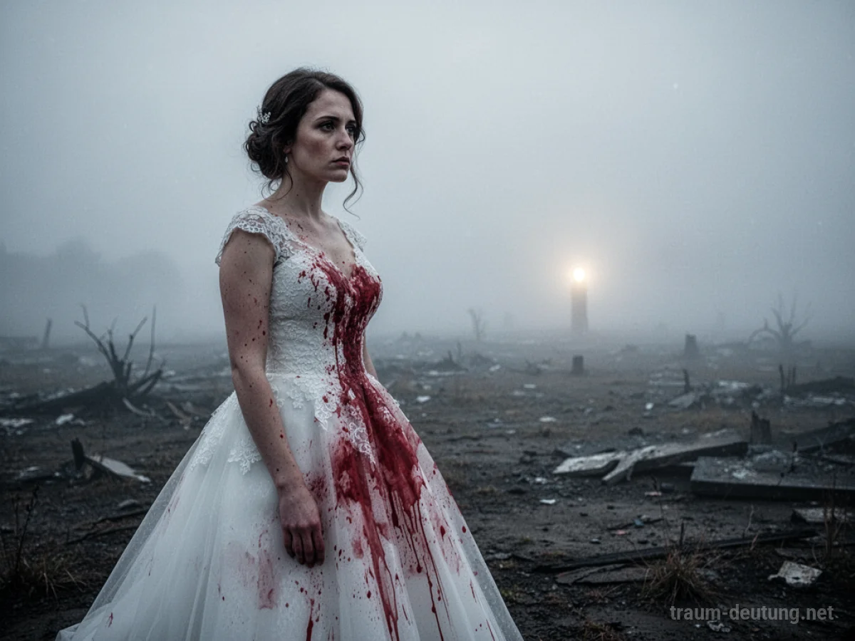 Frau in blutverschmiertem Brautkleid steht in nebliger Landschaft.