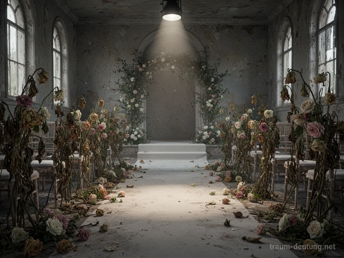 Leere Hochzeitslocation mit verwelkten Blumen und gedämpftem Licht.