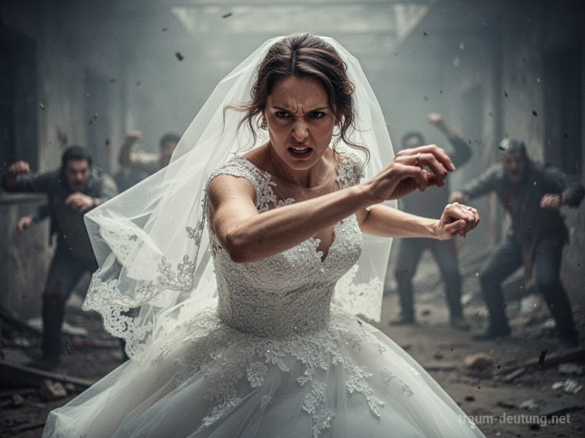 Braut im Hochzeitskleid in einer kämpferischen Pose