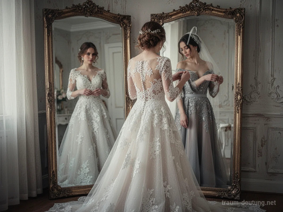 Braut im Hochzeitskleid vor einem Spiegel, die sich umzieht.