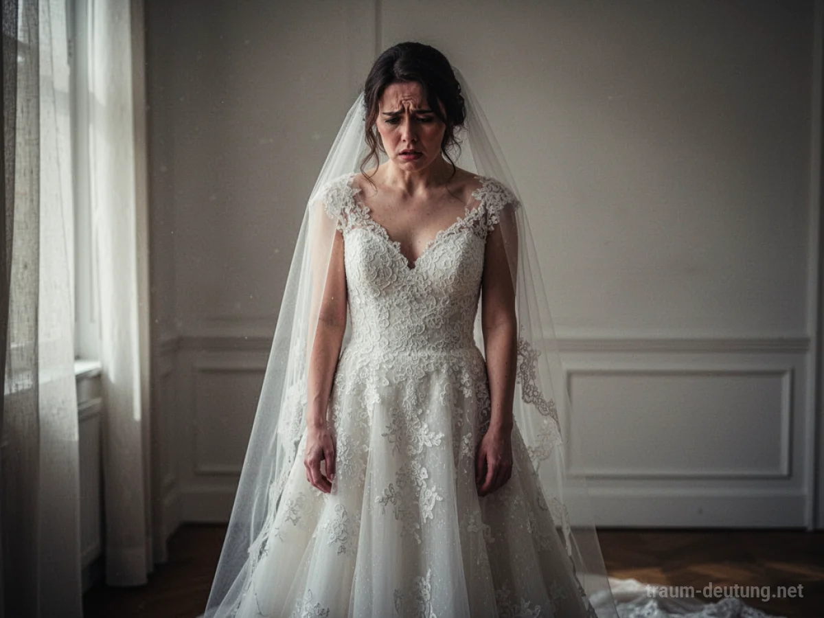 Braut steht verunsichert da, ihr Hochzeitskleid fehlt.