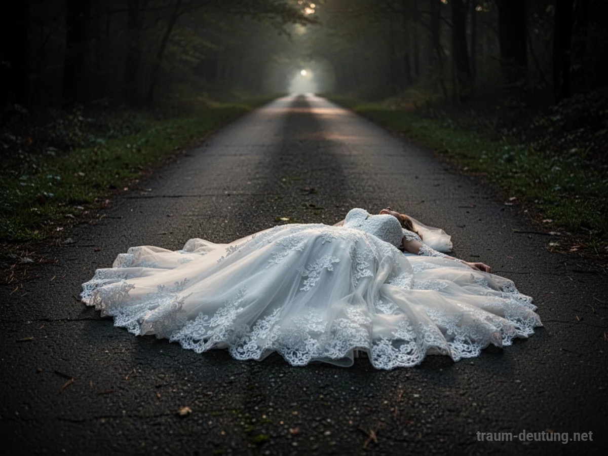 Ein Brautkleid liegt einsam auf einem dunklen Weg.