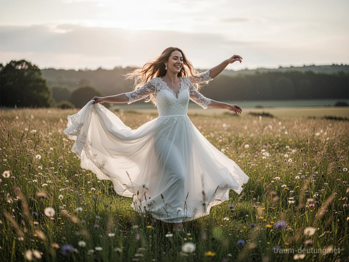 Eine Braut tanzt fröhlich in einem weißen Kleid auf einer sonnigen Wiese.
