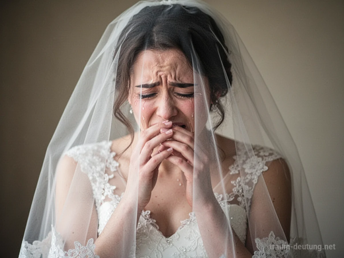 Eine Braut im Brautkleid weint, ihr Gesicht ist leicht vom Schleier verdeckt.