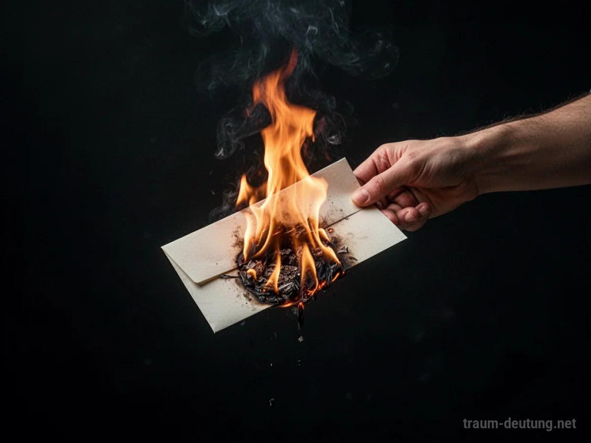 Ein brennender Brief in einer Hand über dunklem Hintergrund
