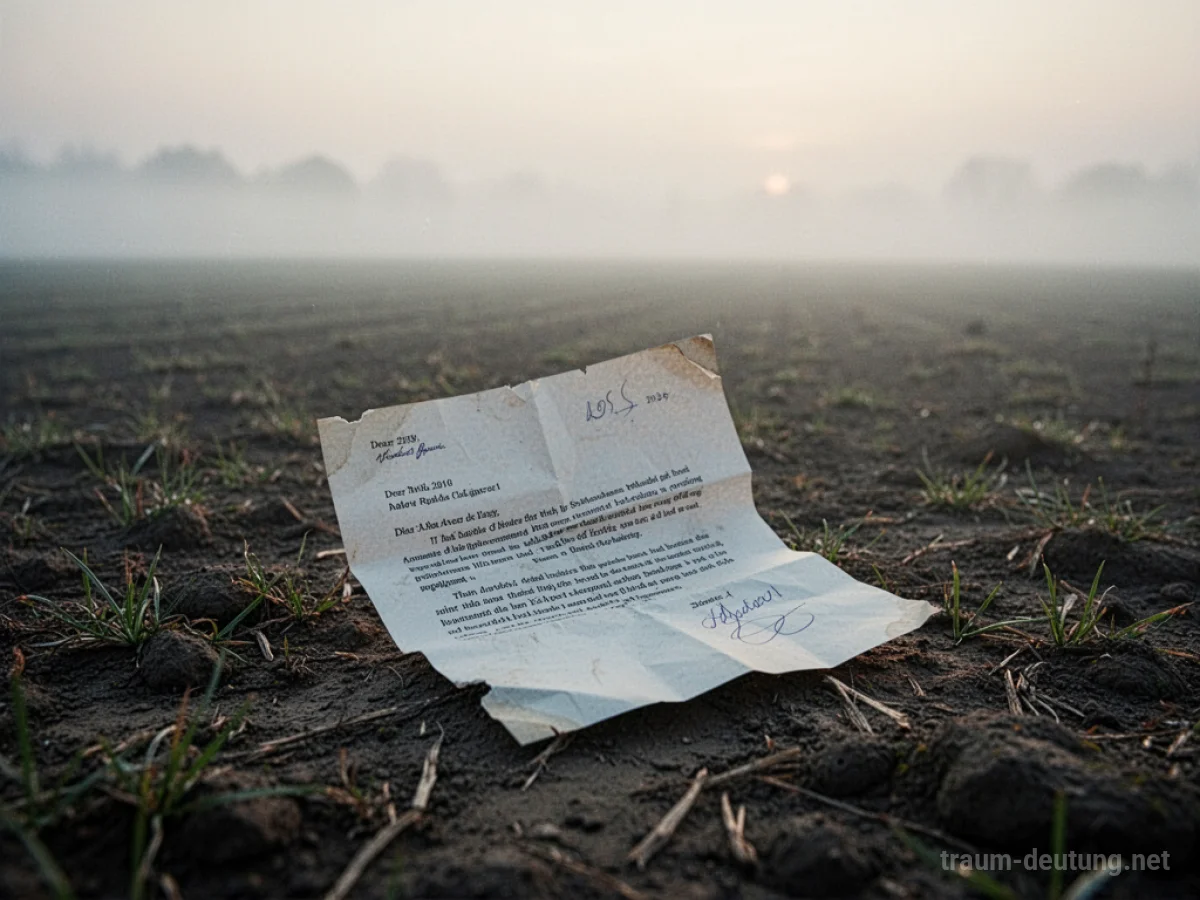 Ein zerknüllter Brief liegt allein auf einem weiten Feld.