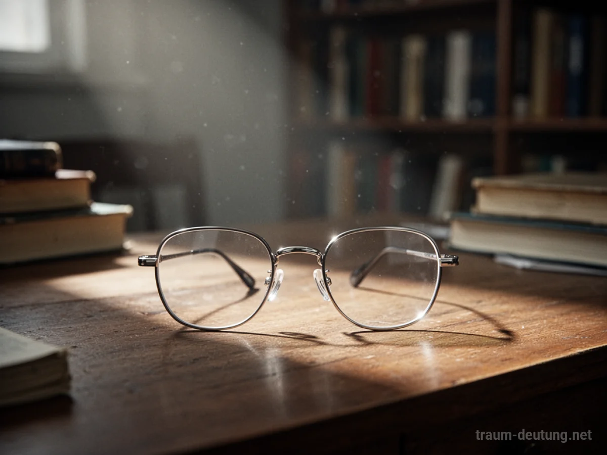 Brille auf einem Holztisch im Lichtkegel