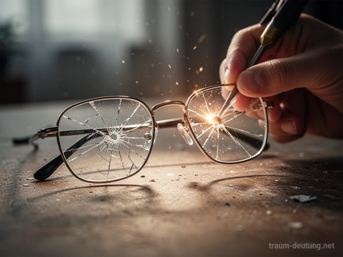 Eine Brille mit gesprungenem Glas, die von einem sanften Licht repariert wird.