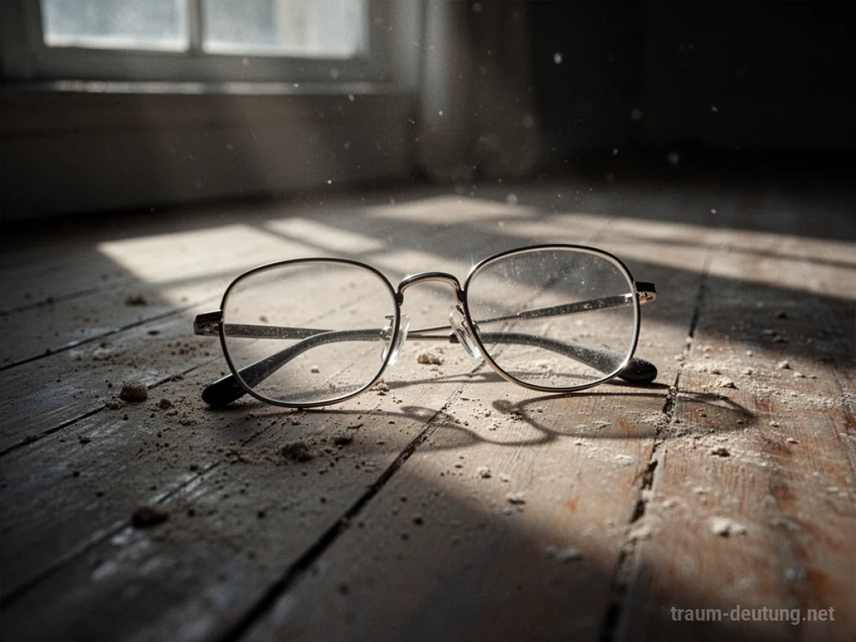 Brille liegt auf einem Holzboden, teilweise im Schatten, mit Sonnenlicht auf den Gläsern.