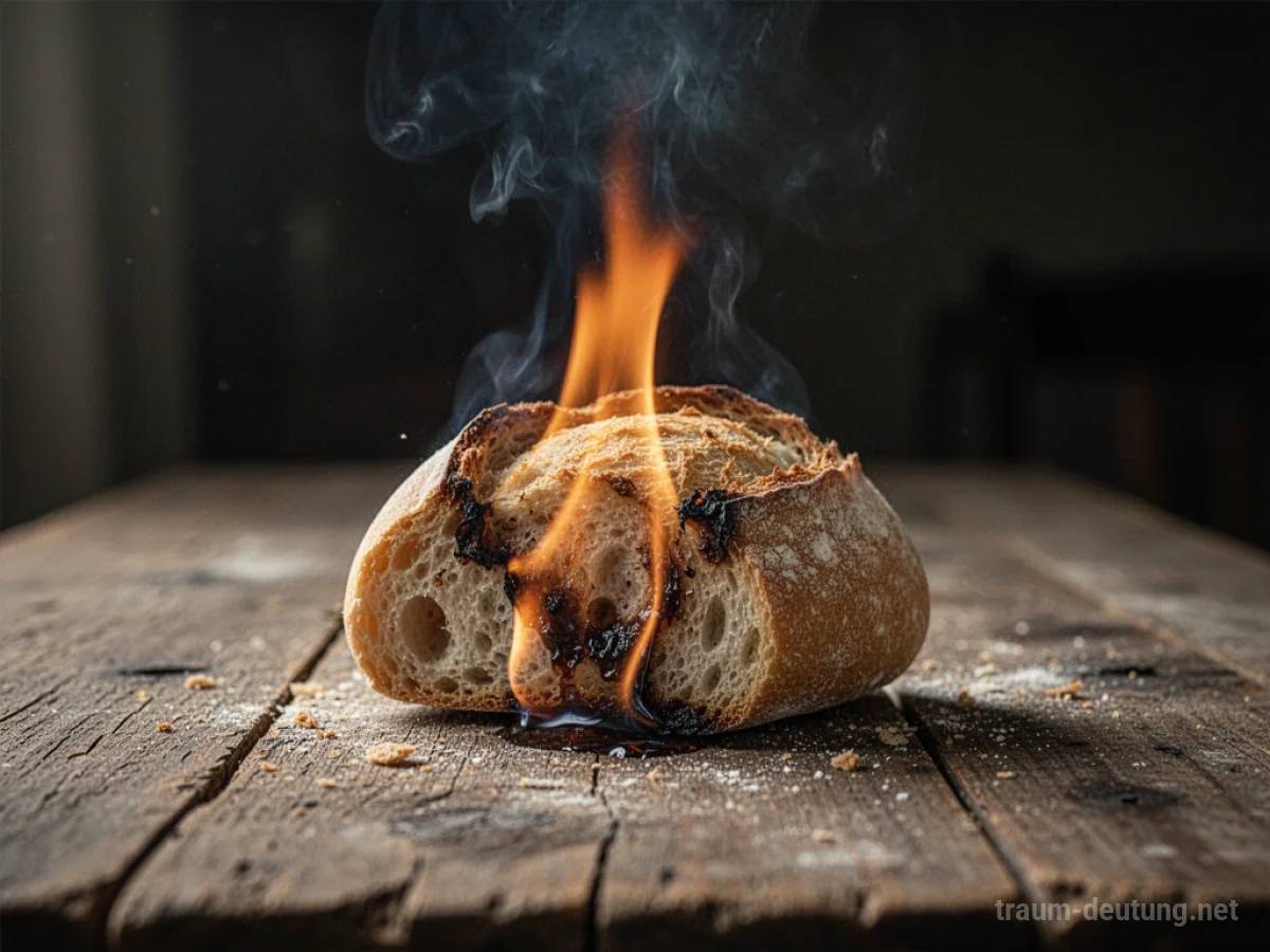 Brot brennt auf einem Holztisch, Rauch steigt auf.