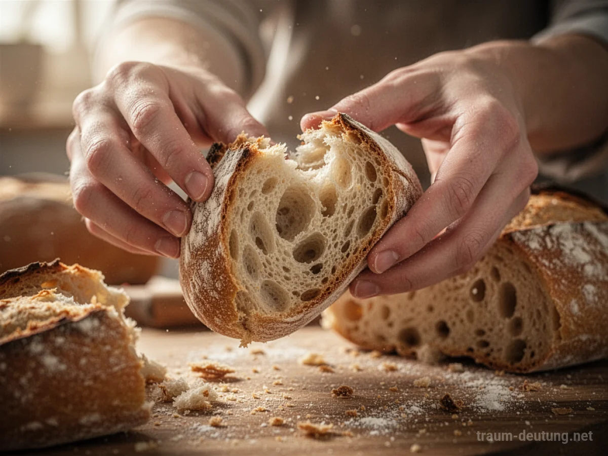 Hände brechen ein Stück frisches Brot