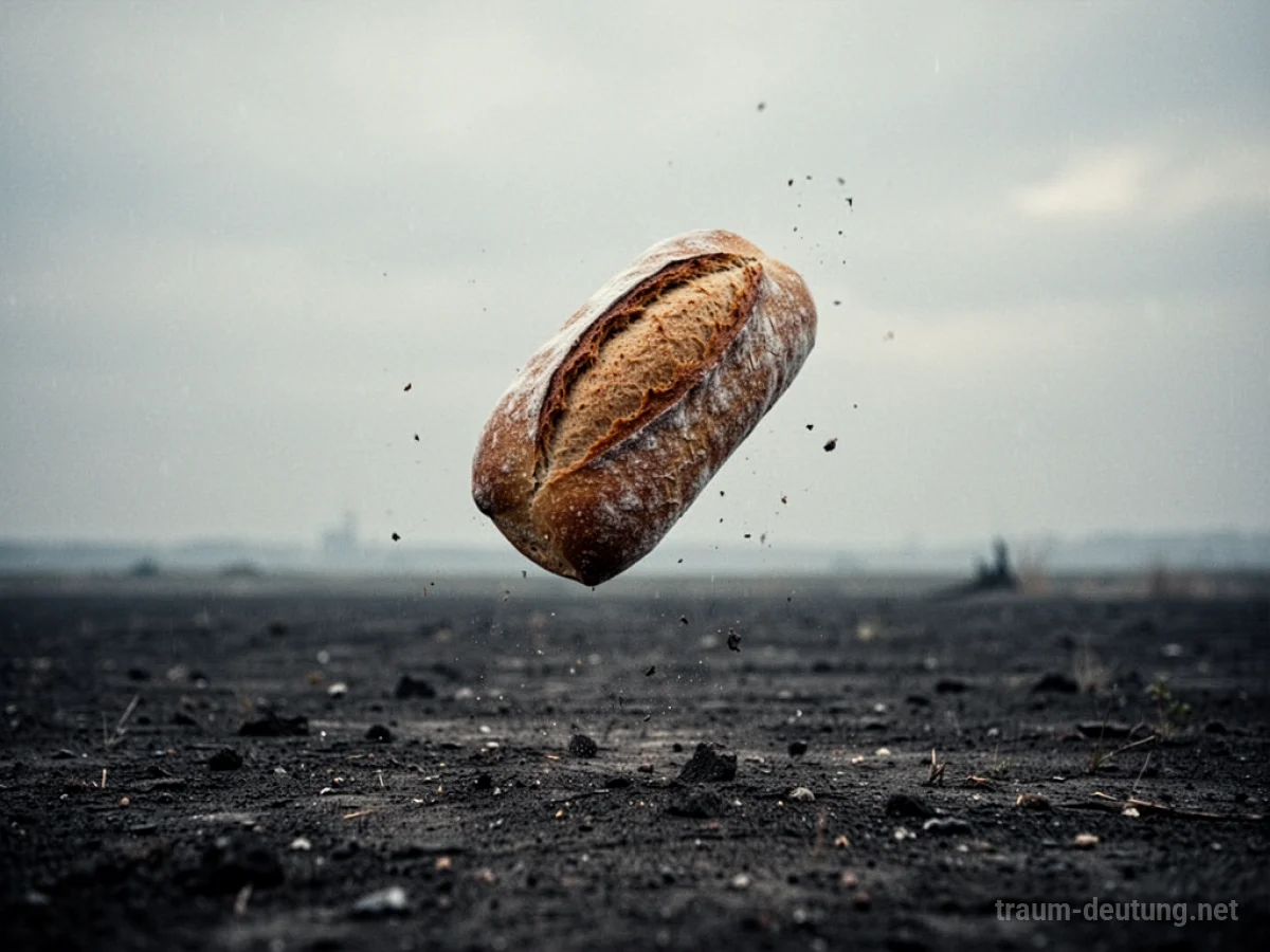 Ein einzelnes Brot fällt vom Himmel auf einen dunklen, leeren Boden.
