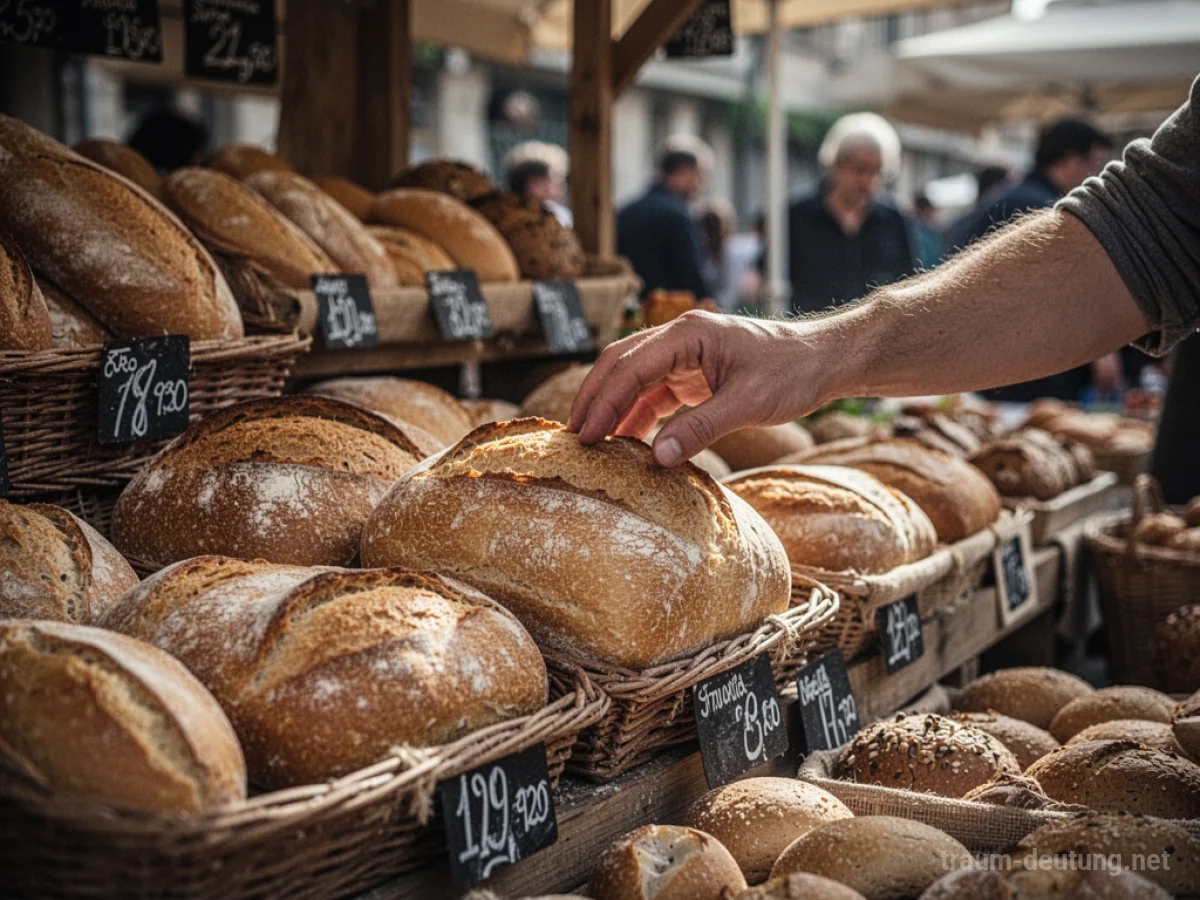 Hand greift nach einem Brotlaib auf einem Marktstand.