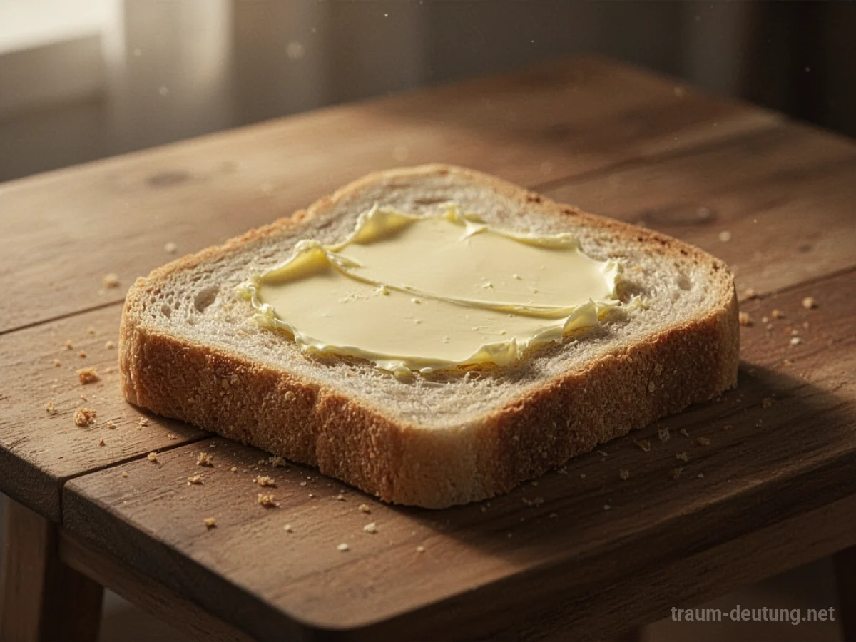 Ein Stück Brot mit Butter auf einem Holztisch