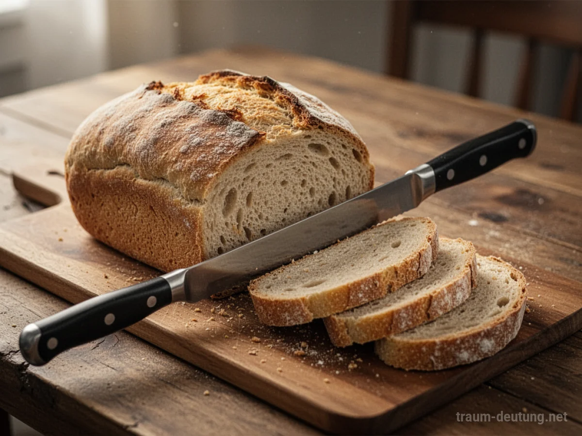 Brot wird auf einem Holztisch mit einem Messer geschnitten.