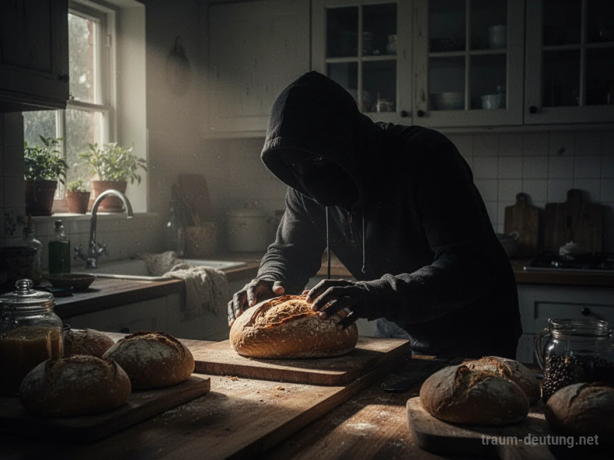 Schattenhafte Figur stiehlt Brot in einer dunklen Küche