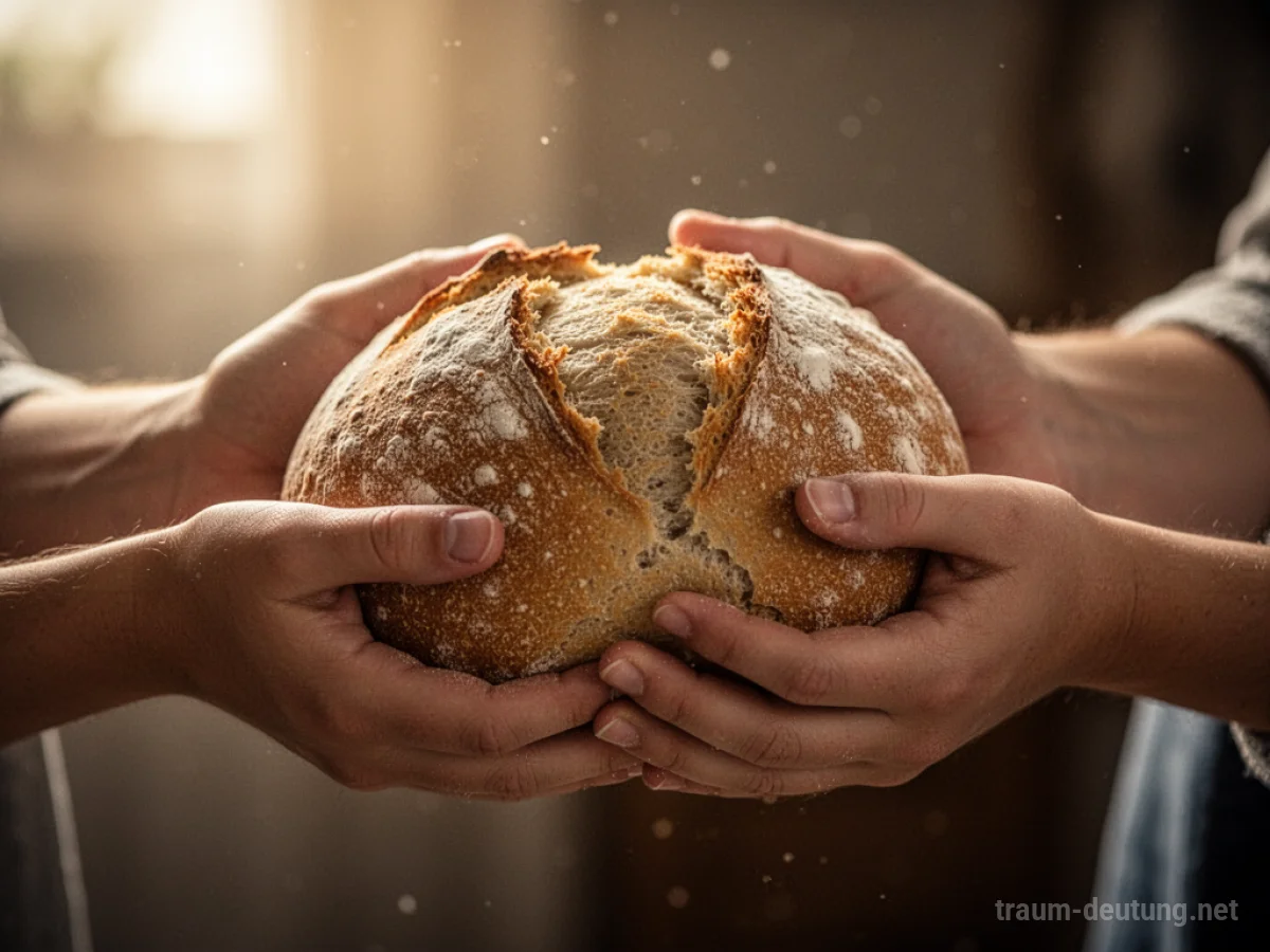 Hände brechen gemeinsam ein Brot in hellem Licht.