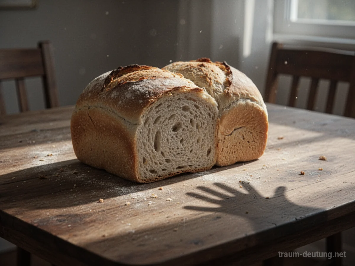 Brot auf einem Tisch, dem eine Schattenhand nachgreift.