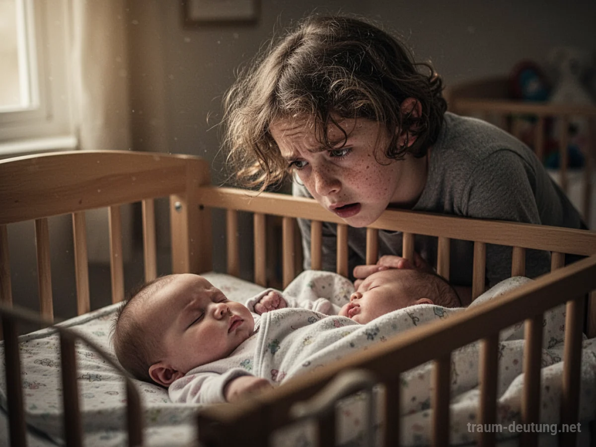 Ältere Geschwister person blickt schützend auf ein schlafendes Baby im Bett.