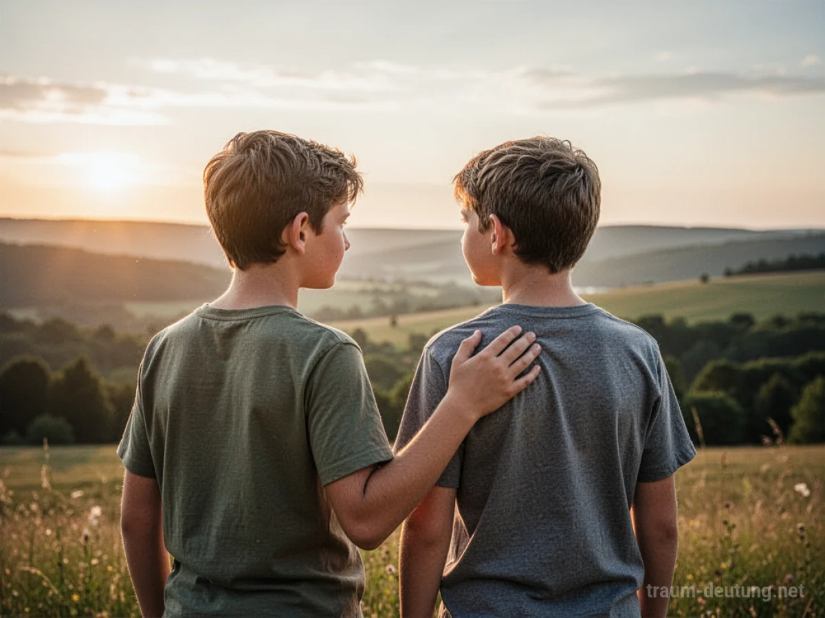Zwei Brüder stehen nebeneinander und blicken auf eine sonnige Landschaft.