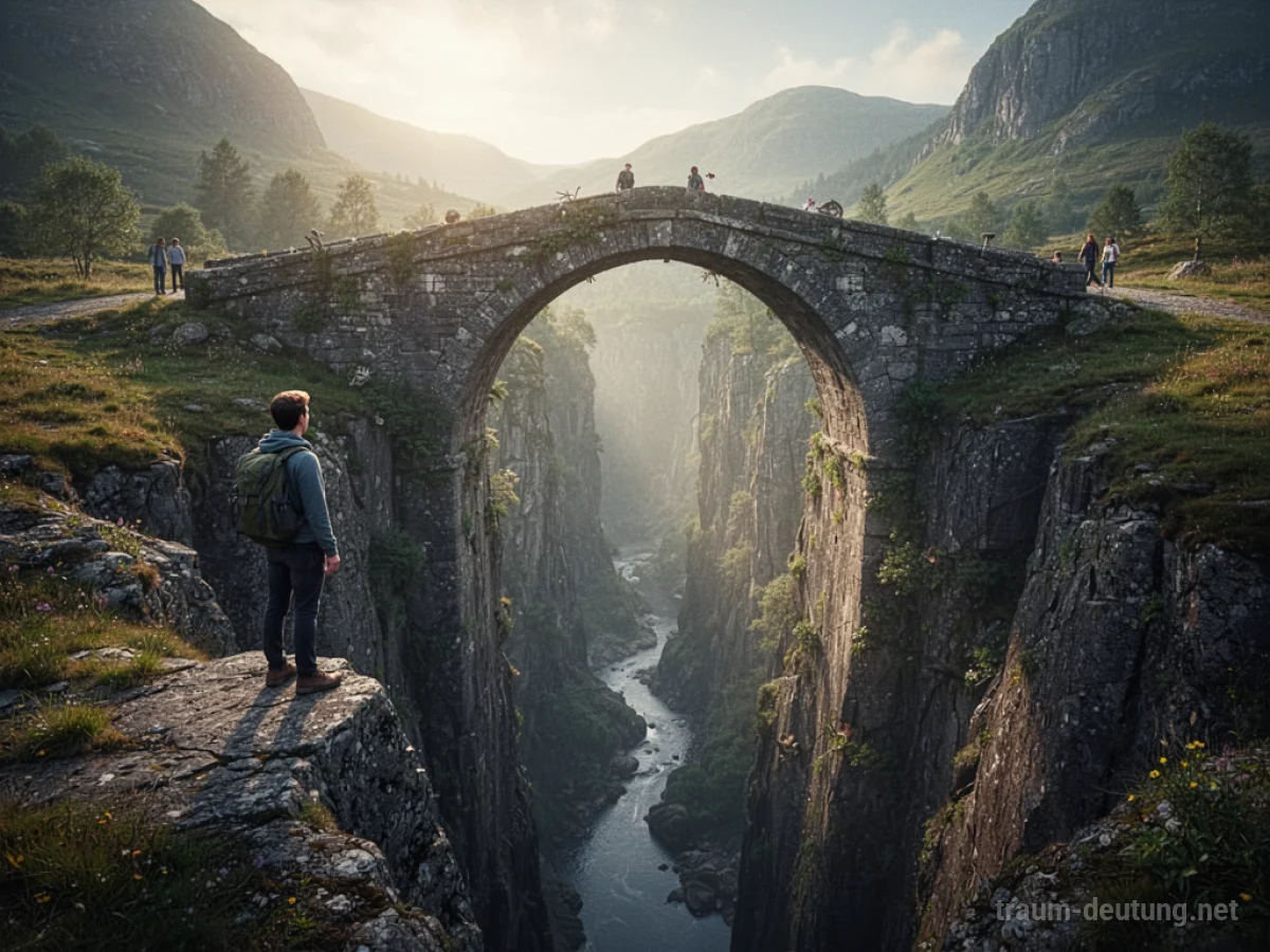Eine Person steht vor einer steinernen Brücke, die über eine Schlucht führt.