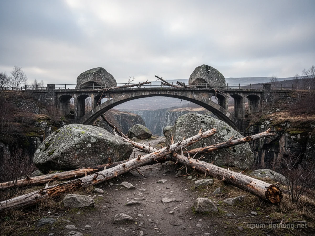 Brücke mit Hindernissen über einer Schlucht, Wegeblockaden sichtbar