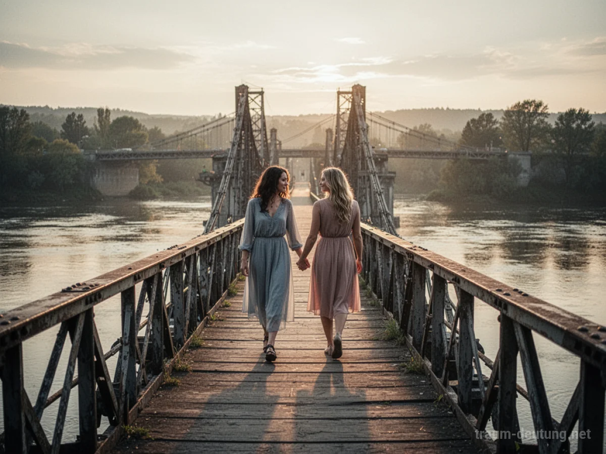 Ein Paar geht Hand in Hand über eine Brücke, beleuchtet von warmem Licht.