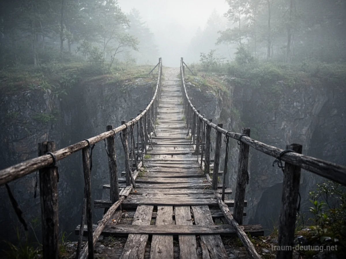 Eine schmale Holzbrücke ohne Geländer über einer Schlucht im Nebel