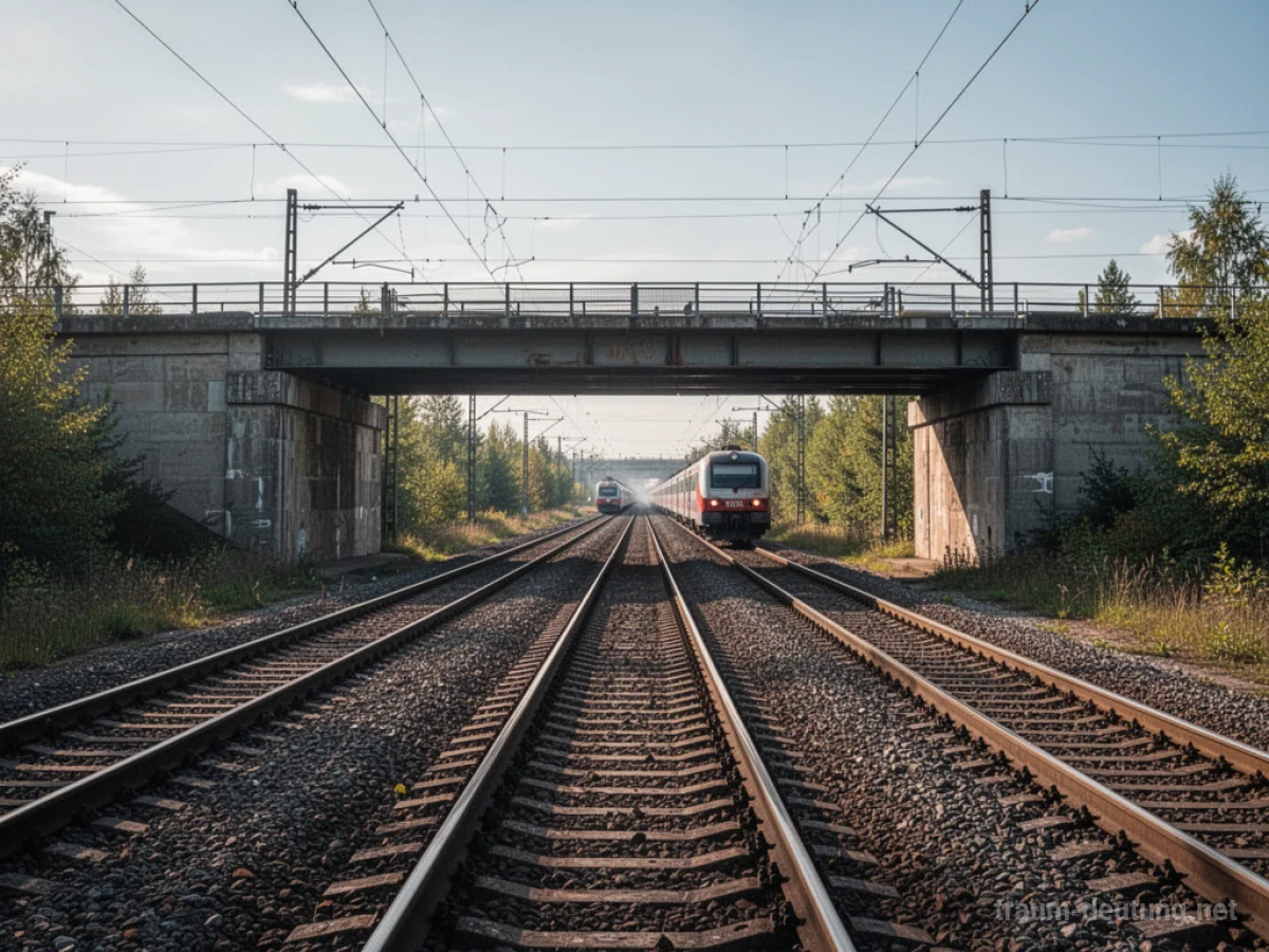 Brücke führt über Bahngleise in einer weiten Landschaft