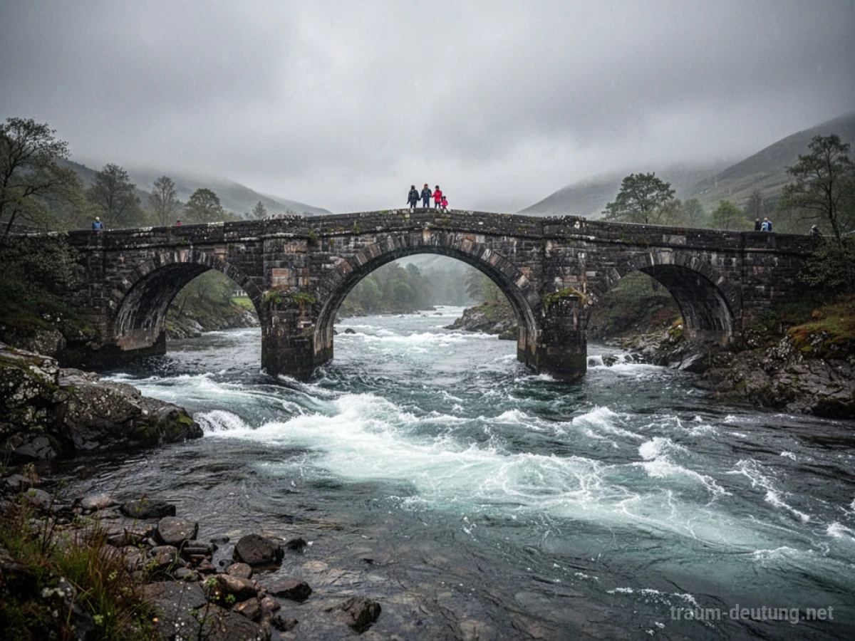 Eine Brücke überspannt einen reißenden Fluss unter einem bewölkten Himmel.