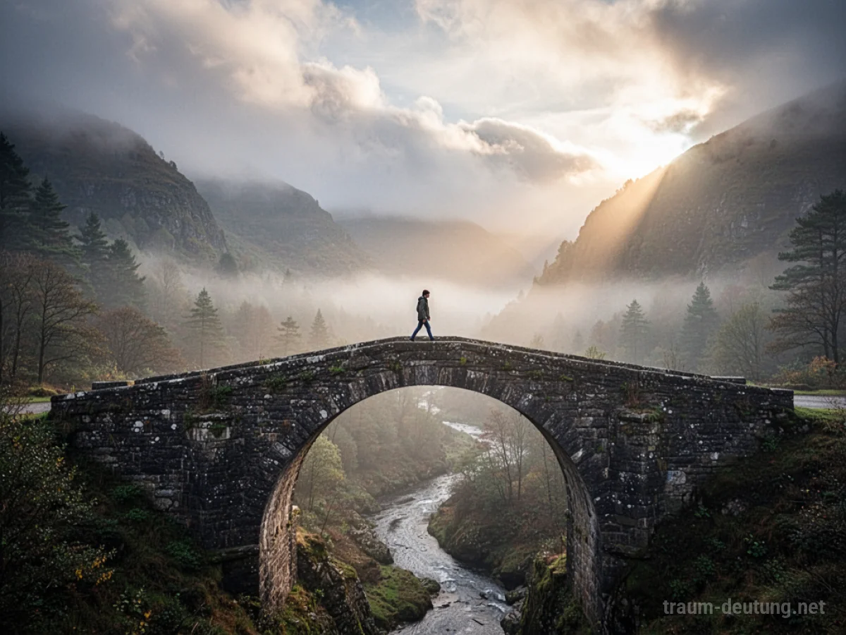 Eine Person überquert eine Brücke in einem nebligen Tal, Licht bricht durch Wolken.