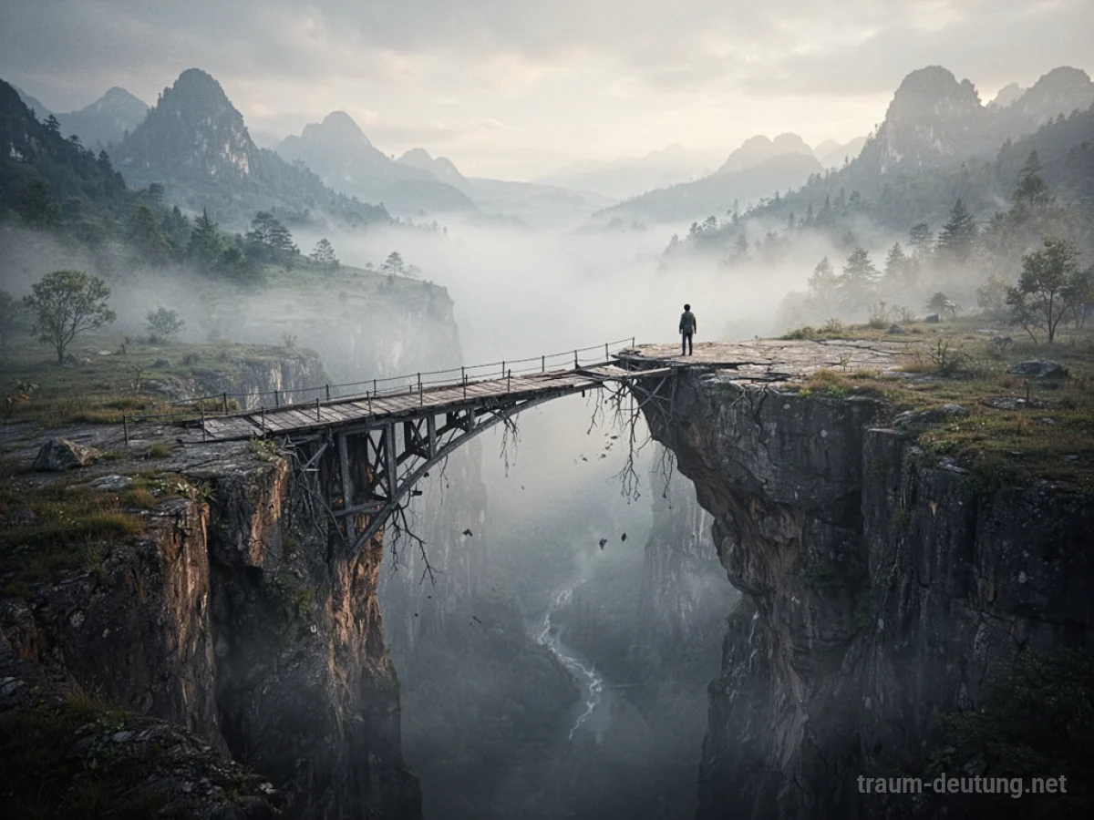 Eine Brücke, die mitten in der Luft abbricht und in einen nebligen Abgrund führt.